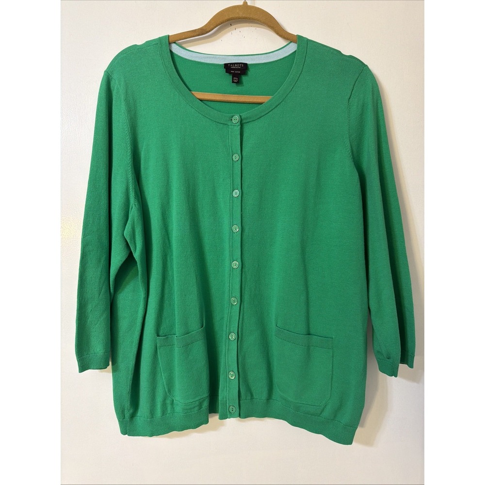 Talbots Woman 2XP Solid Green Pima Cotton Stretch Thin Knit Cardigan Sweater